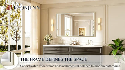 Keonjinn 60" x 36" Large Brushed Nickel Bathroom Mirror, Aluminum Alloy | HD Tempered Glass Beveled Edge, Shatterproof, Silver Rectangle Vanity Wall Mirror for Over Sink, Living Room, Dining Room