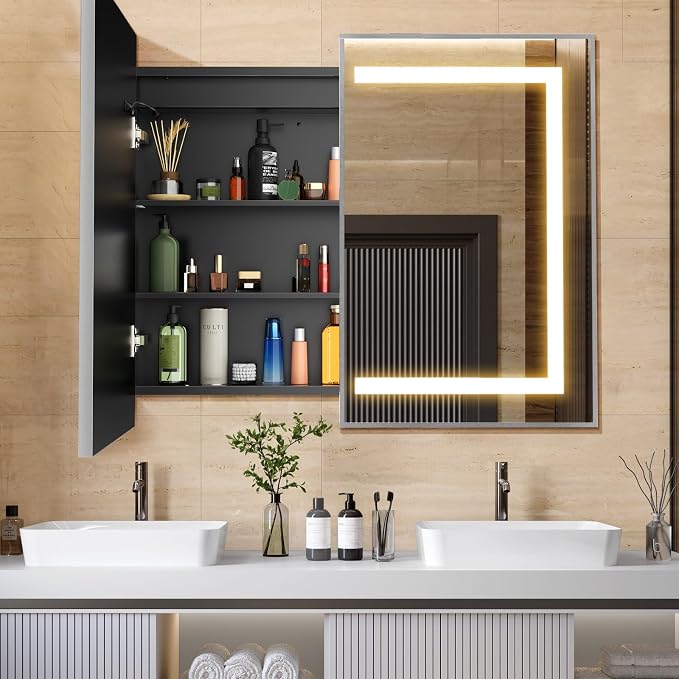 APRILSOUL 40x32 Inch Lighted Bathroom Medicine Cabinet with Mirror, Silver Recessed or Surface Mount Medicine Cabinet Mirror with Storage and LED Lights, 3 Colors Temperature, Dimmable Light