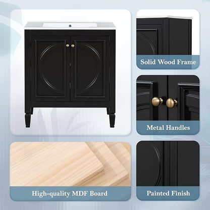Christopher Knight Home Benton 30" Bathroom Vanity with Ceramic Sink, Rubberwood Frame, Adjustable Shelves, Soft Close Door Hinges, Storage Cabinet with 2-Tier Door Organizer, 1 Drawer, Black
