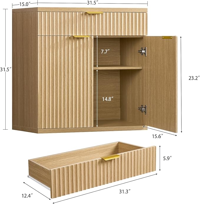 31.5" W Fluted Buffet Cabinet with Storage, Sideboard Cabinet, Coffee Bar Cabinet with 2 Doors and Adjustable Shelf for Living Room, Kitchen, Entryway, Natural