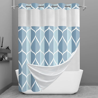 Gelbchu Light Blue No Hook Shower Curtain with Snap-in Liner, 71 x 74 Inch | Built-In Hooks, Mesh Top Window, Water-Repellent, Machine Washable, Quick Drying, Premium Polyester, Hotel Style, Modern