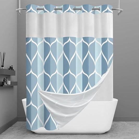 Gelbchu Light Blue No Hook Shower Curtain with Snap-in Liner, 71 x 74 Inch | Built-In Hooks, Mesh Top Window, Water-Repellent, Machine Washable, Quick Drying, Premium Polyester, Hotel Style, Modern