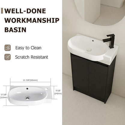 23" Freestanding Bathroom Vanity with Sink Set for Small Space, Soft Close Doors Round Ceramic Sink Bathroom Cabinet, Black Vanity and Sink Combo for Bathroom, Floor Mount Small Bathroom Vanities