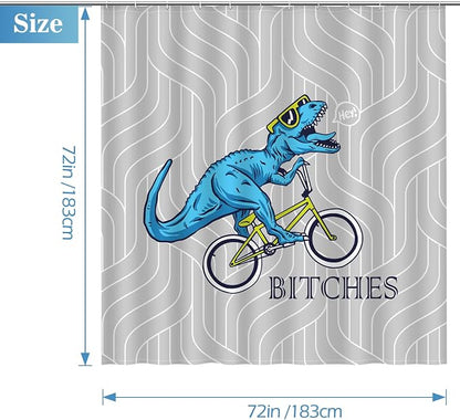 Aimego Funny Shower Curtain Blue Dinosaur Ride A Bike Pattern Cute Dino Pattern Shower Curtain Set with 12 Hooks for Bathroom Decor Accessories Bathtub Curtain, 72"x72"