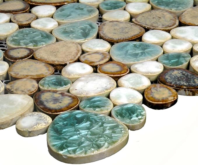 Ceramic Pebble Mosaic Tile, Aqua Cream Coffee, 5 Sq Ft | Crystal Glazed Porcelain, River Stone Look, 12"x12" Sheet for Kitchen Backsplash, Fireplace Surround & Spa Wall Decor