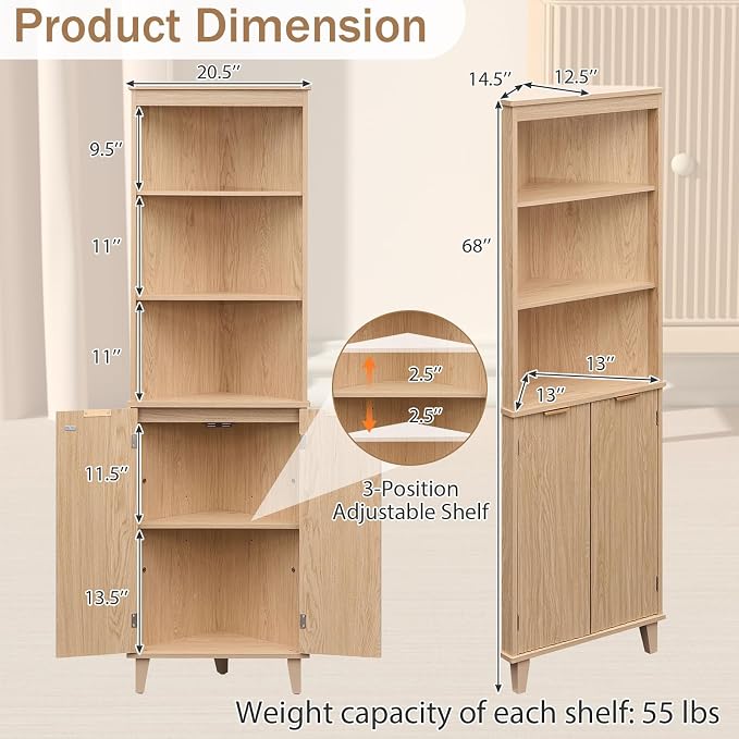 Giantex 68" Tall Corner Cabinet with Fluted Doors (Oak) | Modern Bathroom Floor Storage Cabinet, 6-Tier Space Saver Display Shelves for Kitchen, Living Room, Hallway, Laundry