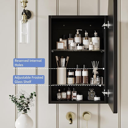 Vintage-Style Bathroom Wood Black Cabinet with 16.5''x24'' Curved Mirror, Recessed Medicine Cabinet, in-Wall or Surface Mount Bathroom Storage Cabinet