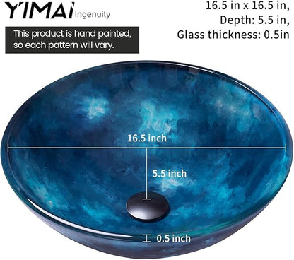 Vessel Sink 16.5" Bathroom Sinks Tempered Glass Blue Art Basin Round Bowl with Faucet Combo Blue,Modern Countertop Bowl Sink for Lavatory Vanity Cabinet