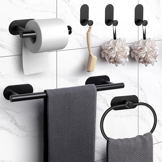 JiGiU Self Adhesive Towel Bar, Wall Mount No Drill Bathroom Hardware Set | With 16" Bath Towel Bar,Toilet Paper Holder Towel Ring & 3-Pack Towel Hooks Stainless Steel Sticky on Towel Holder Kit-Black