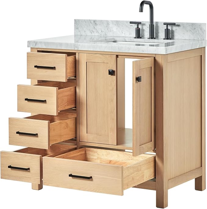 ARIEL Cambridge 36-inch Bathroom Vanity with Sink,Solid Wood, 1.5-inch Italian Carrara Marble Countertop, Single Rectangular Porcelain Sink, 2 Soft Closing Doors, 5 Dovetail Drawers, White Oak