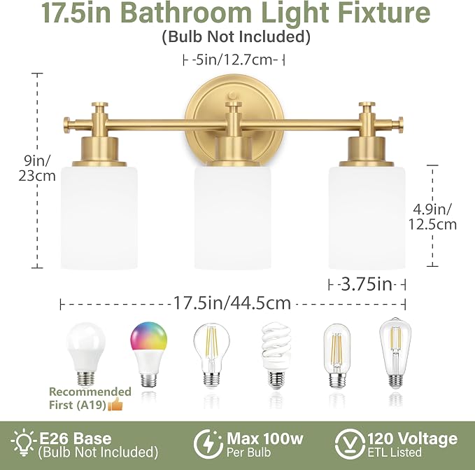 Bathroom Vanity Light, 3-Bulb Brushed Gold Vanity Light for Bathroom 17.5'' | Modern Champagne Gold Wall Sconce with White Glass Shades, Anti-Rust Light Fixtures over Mirror (Bulbs Not Included, E26)