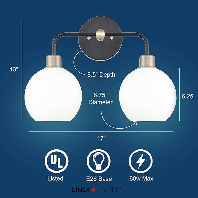 Lukasa Modern Bathroom Vanity Lights Fixtures 2-Lights Over Mirror Lighting Matte Black with Brushed Nickel Vanity Lights for Bathroom Light Fixtures Frosted Glass Covers, UL Listed