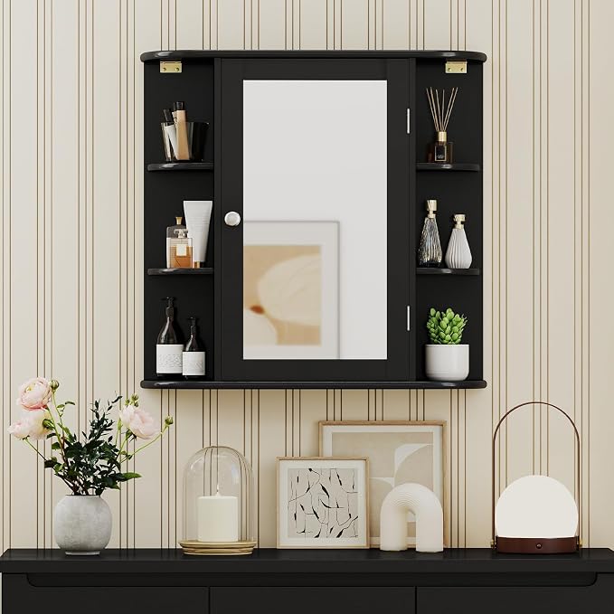 GIANTEX Bathroom Mirror Cabinet (Black) | Wall Mounted Medicine Cabinet with Mirrored Door & 4 Interior Shelves, 6 Open Shelves, Space-saving Storage Cabinet