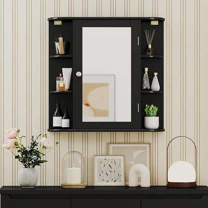 GIANTEX Bathroom Mirror Cabinet (Black) | Wall Mounted Medicine Cabinet with Mirrored Door & 4 Interior Shelves, 6 Open Shelves, Space-saving Storage Cabinet