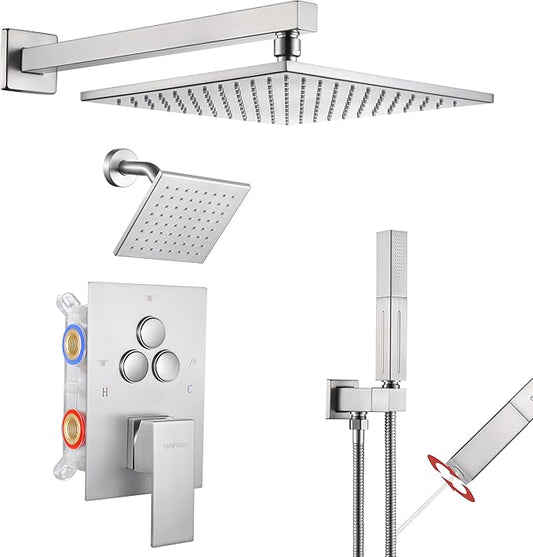 VANFOXLE Shower Faucet Set Brushed Nickel Shower System,Push Button Diverter Shower Faucet with 2 in 1 Handheld, Wall Mount Increased Thickness 10 Inch Shower Head with 6 Inch Shower Head