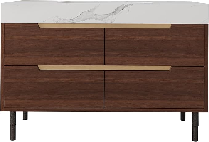 36" Bathroom Vanity with Undermount Sink Set, Modern 2-IN-1 Wall Mounted & Freestanding Bathroom Vanities Cabinet with Sintered Stone top&4 Storage Drawers, Walnut Single Bathroom Sink Cabinet