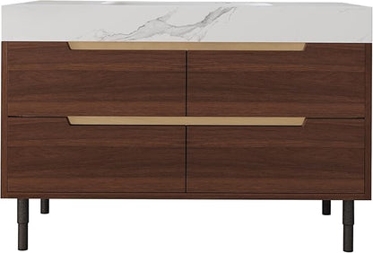 36" Bathroom Vanity with Undermount Sink Set, Modern 2-IN-1 Wall Mounted & Freestanding Bathroom Vanities Cabinet with Sintered Stone top&4 Storage Drawers, Walnut Single Bathroom Sink Cabinet