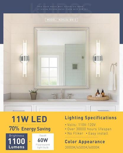 kudos 2-Pack Brushed Nickel Vanity Lights, Clear and Frosted Glass, 3CCT | 11W,1100 Lumens, 3000K, 4500K and 6000K Selectable, Hardwired, for Bathroom, Bedroom and Over Mirror, KDVL06-BN-2-2PK
