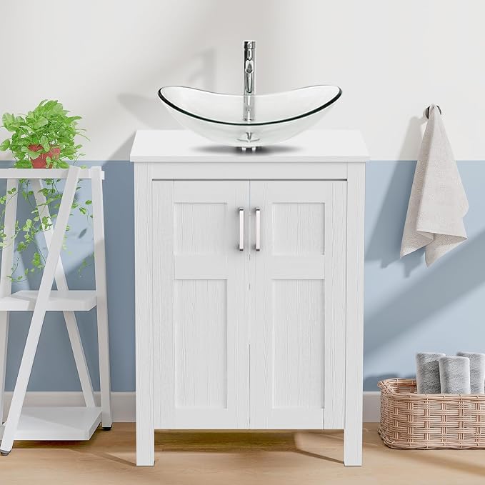 YOURLITE 24 Inches Traditional Bathroom Vanity Set with Single Faucet Hole, Clear Boat Glass Sink, White Finish, 2-Door Cabinet
