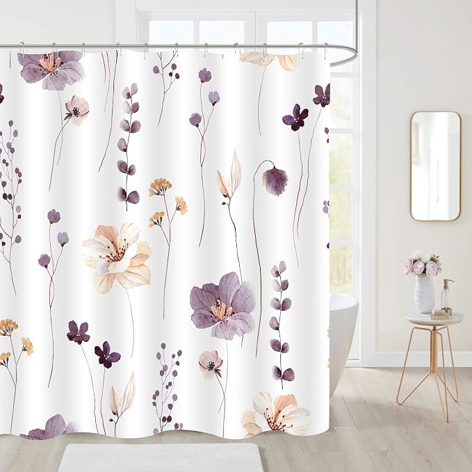 Plum Beige Watercolor Floral Fabric Shower Curtain, 72x84 | Waterproof Fabric, Modern Minimalist Floral Print, Machine Washable, Rustproof Grommets, Fade Resistant, for Bath Home