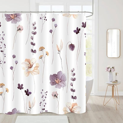 Plum Beige Watercolor Floral Fabric Shower Curtain, 72x84 | Waterproof Fabric, Modern Minimalist Floral Print, Machine Washable, Rustproof Grommets, Fade Resistant, for Bath Home