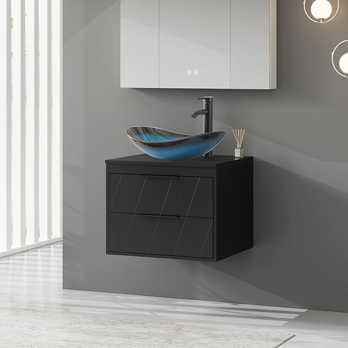 eclife 24" Floating Bathroom Vanities with Sink Combo, Wall Mounted Modern Cabinet W/Diamond Line Pattern Design, Blue Boat Glass Vessel Sink W/Water Save Faucet & Pop Up Drain, Black