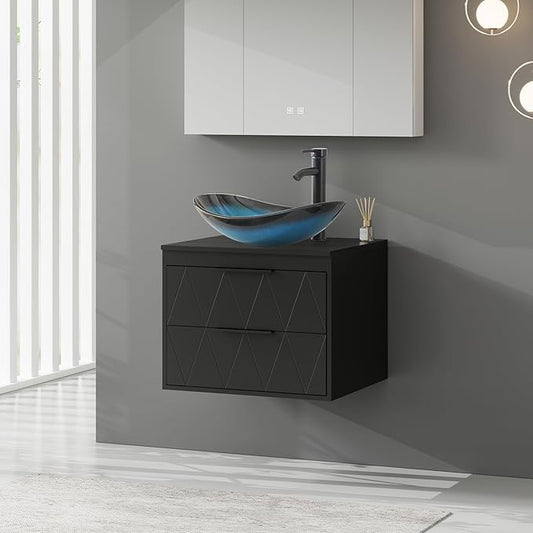 eclife 24" Floating Bathroom Vanities with Sink Combo, Wall Mounted Modern Cabinet W/Diamond Line Pattern Design, Blue Boat Glass Vessel Sink W/Water Save Faucet & Pop Up Drain, Black
