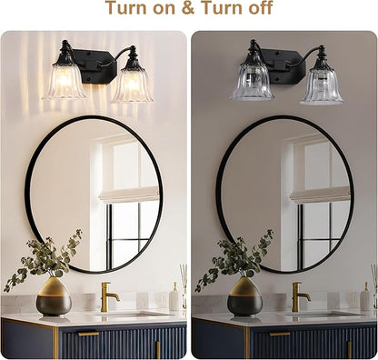 Black Vintage Bathroom Vanity Light Fixture, 2-Light Vanity Light for Bathroom, Antique Matte Black Finish with Crystal Glass Shade, Lighting Fixtures Over Mirror for Bedroom Living Room