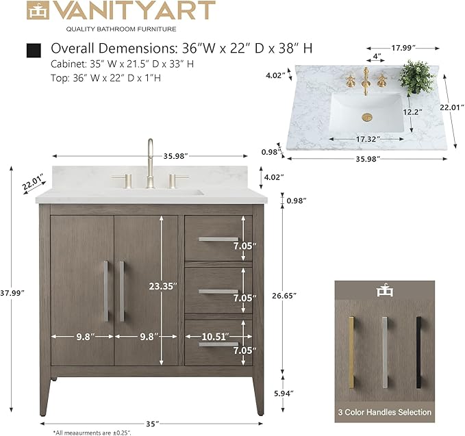 Vanity Art 36 inch Bathroom Vanity with Single Sink & Ceramic Top, Vanity Cabinet with Soft-Closing Doors, Drawers, Solid Wood Frame, Driftwood Gray, VA9036-DG-GB1