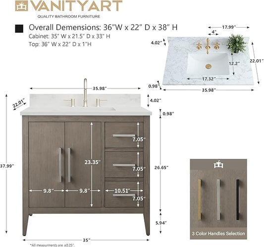 Vanity Art 36 inch Bathroom Vanity with Single Sink & Ceramic Top, Vanity Cabinet with Soft-Closing Doors, Drawers, Solid Wood Frame, Driftwood Gray, VA9036-DG-GB1