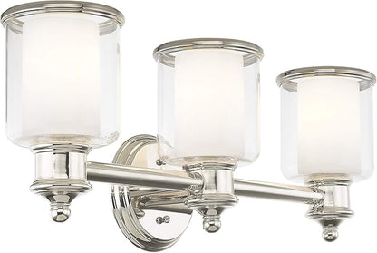 Livex Lighting 40213-35 Middlebush Collection 3-Light Bathroom Vanity Light with Double Shaded Hand Crafted Glass Shades, Polished Nickel, 23.5 x 6.5 x 9