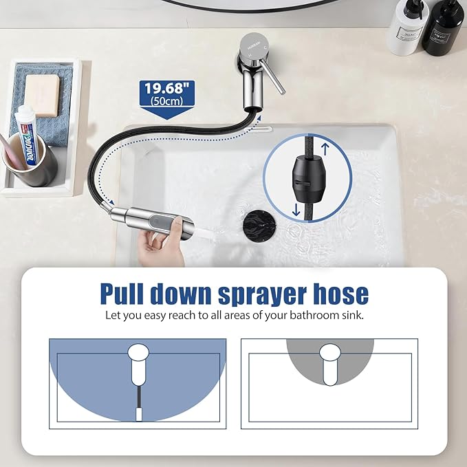 HURRAN Pull Out Bathroom Faucet, Single Handle Basin Mixer Tap with 2 Modes, Utility Sink Faucet with Deck Plate, Stainless Steel, Chrome
