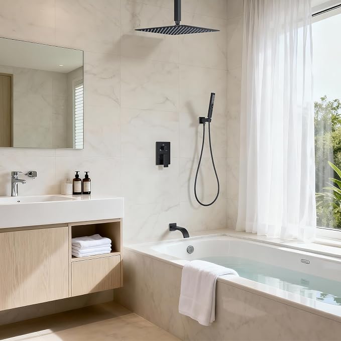 Shower System with Tub Spout, Ceiling Mounted Bathtub Shower Faucet Set, 12" Rainfall Shower Head and Handheld Shower Combo, High Pressure Shower Fixtures Set with Rough-in Valve, Matte Black