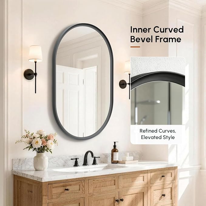 Black Pill Oval Mirror for Bathroom 24x36 Inch | Small Vanity Mirror, Crystal-Clear HD Glass, Rust-Proof Aluminum Frame, Inner-Curved Decor for Bedroom, Entryway Renovation