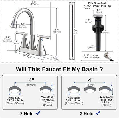 Bathroom Faucets for Sink 3 Hole, Hurran 4 inch Brushed Nickel Bathroom Sink Faucet with Pop-up Drain and Supply Hoses, Stainless Steel Lead-Free Centerset Faucet for Vanity RV, 2 Pack