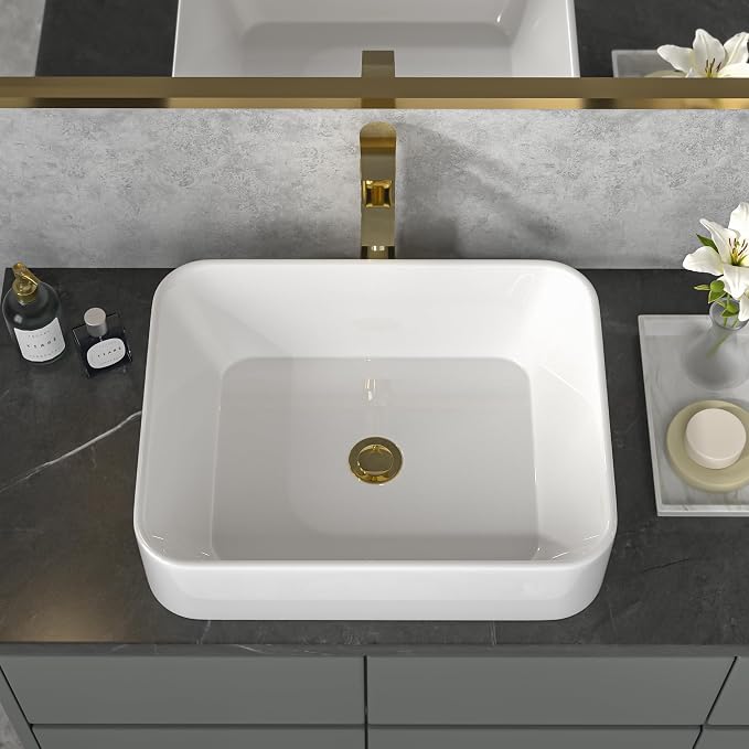 Sarlai Vessel Sink Rectangular - 19"x15" White Bathroom Sink Rectangle Above Counter Porcelain Ceramic Bathroom Vessel Vanity Sink Art Basin