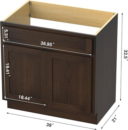HomeBeyond 39 Inch Bathroom Vanity Base Only, Single Vanity Cabinet with Double Soft Closing Door, Composable Floor Mount Cabinets Without Top, Rustic Brown