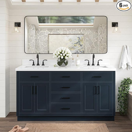 ARIEL Hepburn 66-inch Bathroom Vanity with Sink,Solid Wood, 1.5-inch Pure White Quartz Countertop, Double Rectangular Porcelain Sink, 4 Soft Closing Doors, 6 Dovetail Drawers, Midnight Blue
