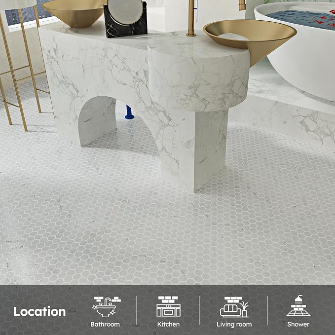 Carrara White Marble Mosaic Tile,1 Inch Hexagon, Polished, 5 Sheets | Natural Bianco Carrera, Marble Stone Backsplash Tiles for Kitchen, Bathroom, Shower Wall and Floor