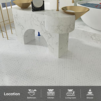 Carrara White Marble Mosaic Tile,1 Inch Hexagon, Polished, 5 Sheets | Natural Bianco Carrera, Marble Stone Backsplash Tiles for Kitchen, Bathroom, Shower Wall and Floor
