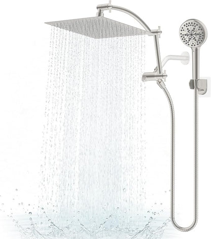 Hibbent Metal 12" High Pressure Rain Shower Head Combo, Brushed Nickel | cUPC Certified Rainfall Shower Head with handheld 10 Sprays, 16'' Adjustable Extension Arm, 71'' Hose, Showerhead Holder