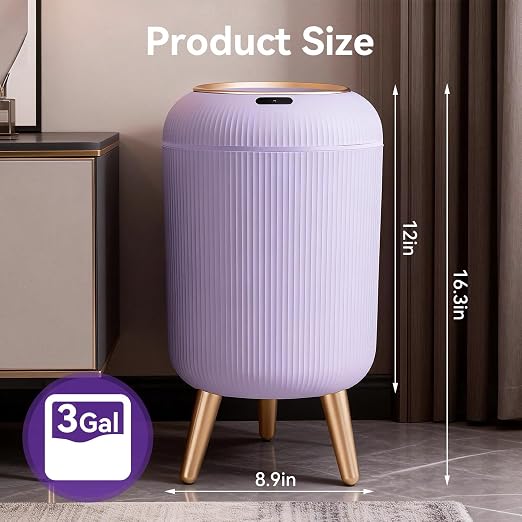 Procade Automatic Trash Can Bathroom,Auto Small Purple Garbage Can with Lid | 3 Gallon Touchless Motion Sensor Trash can with Legs,Smart Gold Purple Waste Basket for Bedroom,Kitchen,Dorm,rv,Office
