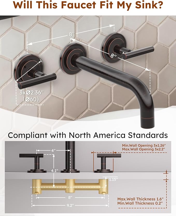 Oil Rubbed Bronze Bathroom Faucet - WOWOW Wall Mount Bathroom Faucet, 2 Handle Vanity Faucet 3 Holes Rough in Brass Valve Included Elegant Spout