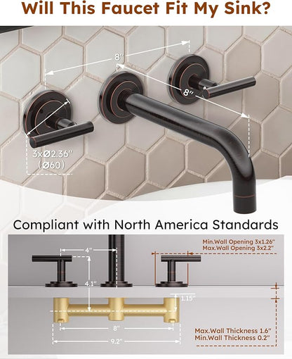 Oil Rubbed Bronze Bathroom Faucet - WOWOW Wall Mount Bathroom Faucet, 2 Handle Vanity Faucet 3 Holes Rough in Brass Valve Included Elegant Spout