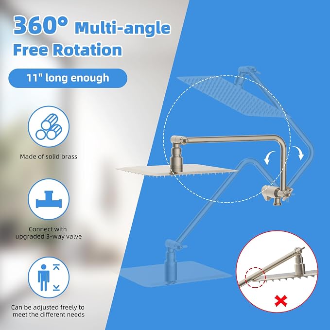 8" Metal Rainfall Shower Head with 10-Mode Handheld, Brushed Nickel | NSF/ANSI/CAN 372 Certified, High Pressure Showerhead Combo with 11" Adjustable Shower Arm, 71" Hose, Shower Head Holder