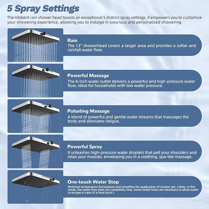 Hibbent 5-Mode 13" Rain Shower head, 4-Spray Metal Handheld Shower, Chrome | cUPC Certified High Pressure Showerhead Combo, All Metal 4-way Diverter with Extension Arm, 71'' Hose & Easy Reach Holder