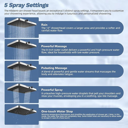 Hibbent 5-Mode 13" Rain Shower head, 4-Spray Metal Handheld Shower, Chrome | cUPC Certified High Pressure Showerhead Combo, All Metal 4-way Diverter with Extension Arm, 71'' Hose & Easy Reach Holder