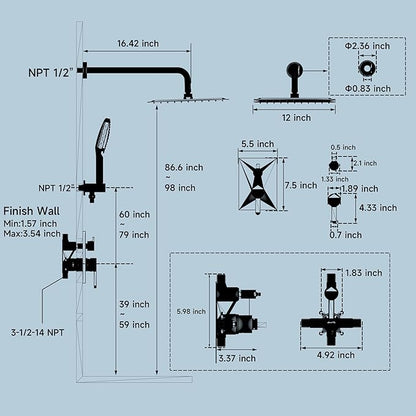 Shower Faucet Set Wall Mounted Shower head with Handheld Comb Rain System 6 Function Pressure Balance - Stainless Steel Bathroom Shower Kit Complete 12 Inch Matte Black(With Valve)