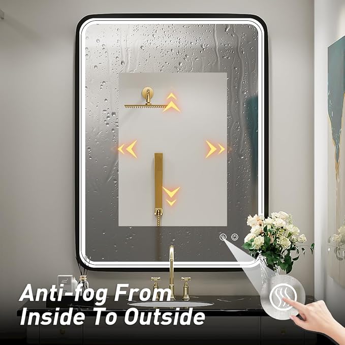 LED Bathroom Mirror,Black Frame,32x24 Inch | ETL Listed,Anti-Fog,3000K/4500K/6000K Dimmable,Horizontal & Vertical,Wall Mounted,Memory Function Ideal for Bathroom,Vanity