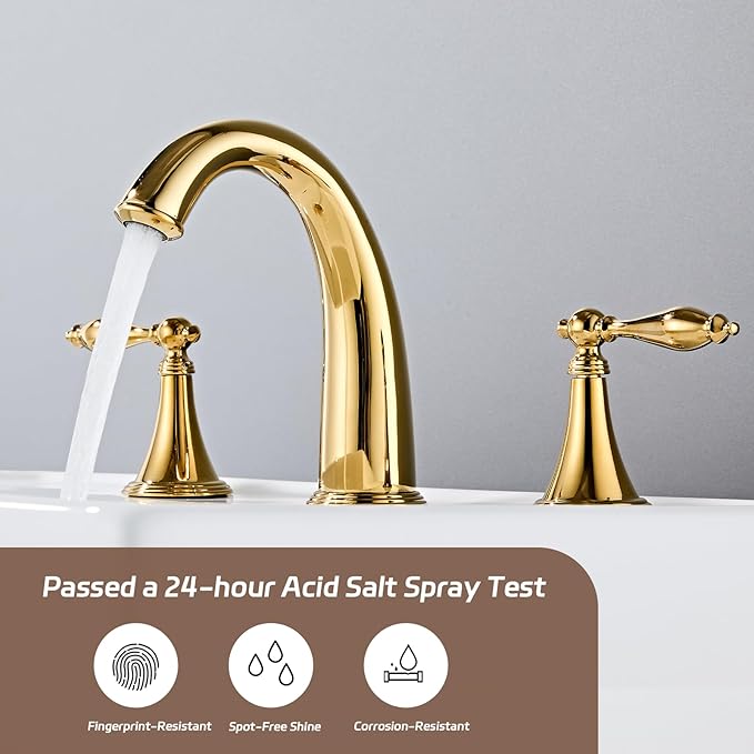 Gold Bathroom Faucet Widespread 3 Hole, 6–16 Inch Vanity Sink with 2 Handles, Drip-Free Ceramic Disc Valve, Solid Brass, Push Pop-Up Drain Assembly Included